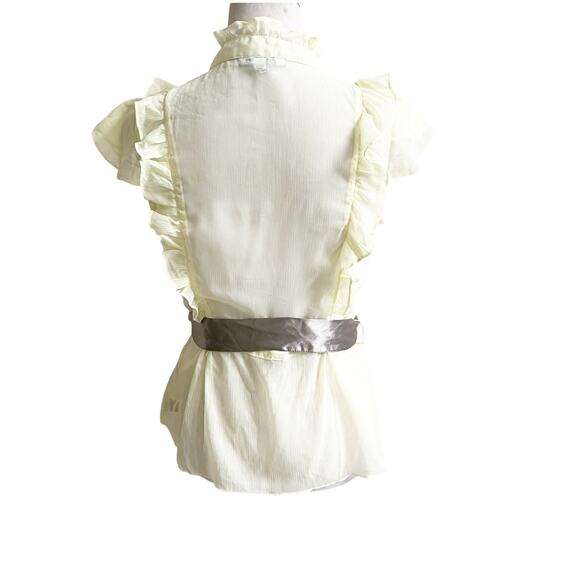 Dimri Y2K Yellow Ruffled Button Front Blouse Satin Tie Sash Size Medium Sheer - Picture 2 of 11
